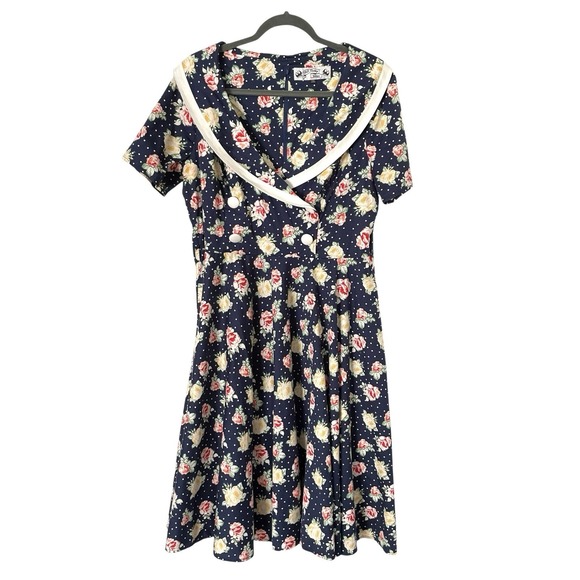 Hell Bunny Vixen Womens Rockabilly Dress Size 2XL Navy Flora Short Sleeve Retro - Picture 2 of 11